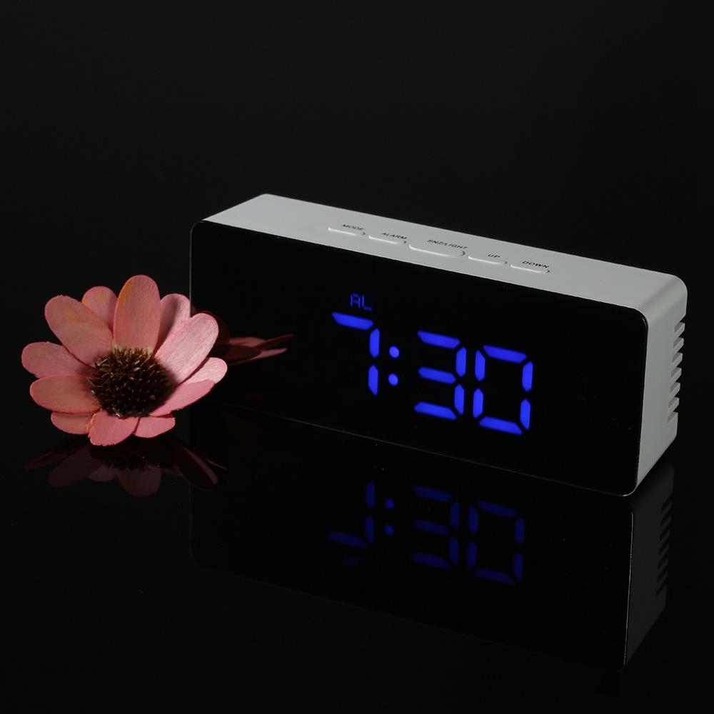 Rectangular LED Mirror Clock Alarm Clock With Snooze Function Indoor Thermometer - Blue