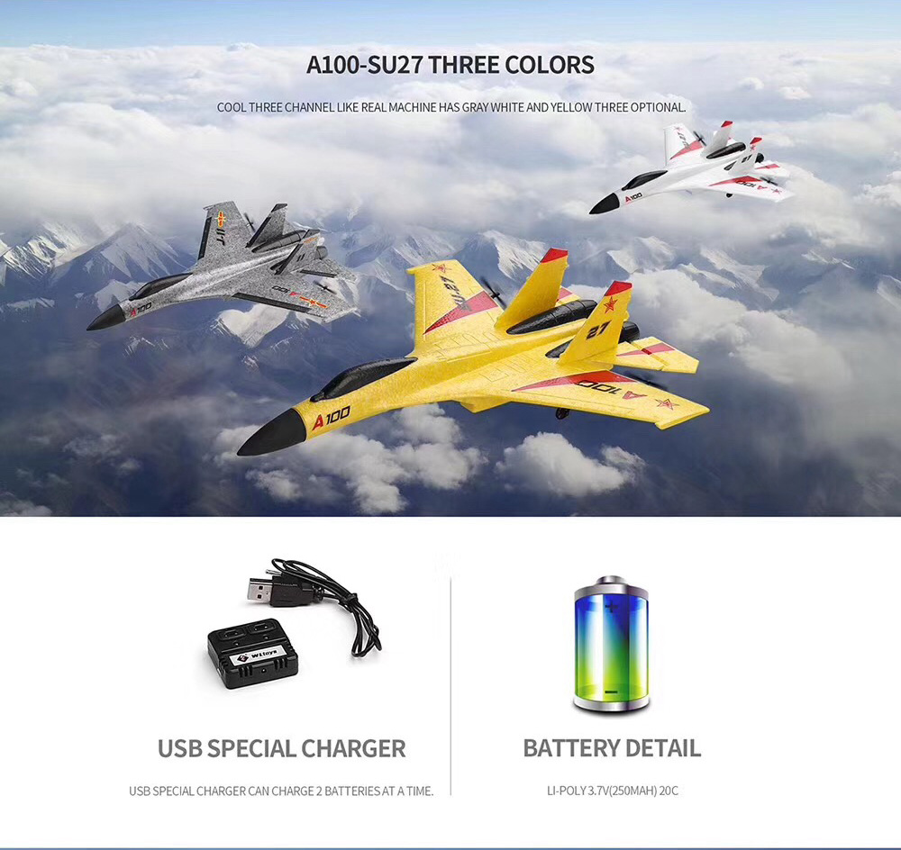 XK A100-SU27 2.4G 3CH EPP 340mm Wingspan RC Airplane Fixed Wing Plane Aircraft Built-in Gyro RTF - Yellow