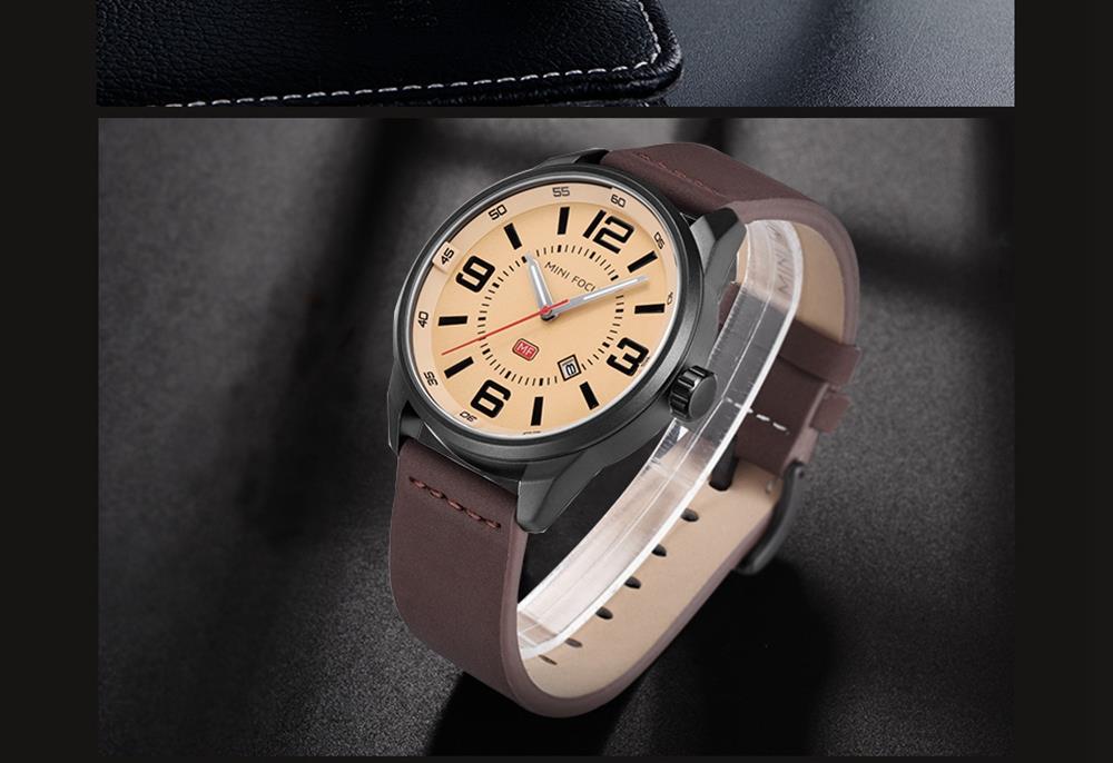 MINI FOCUS MF0051G Men's Casual Business Quartz Sports Watch Genuine Leather Strap Waterproof Wristwatch - Black