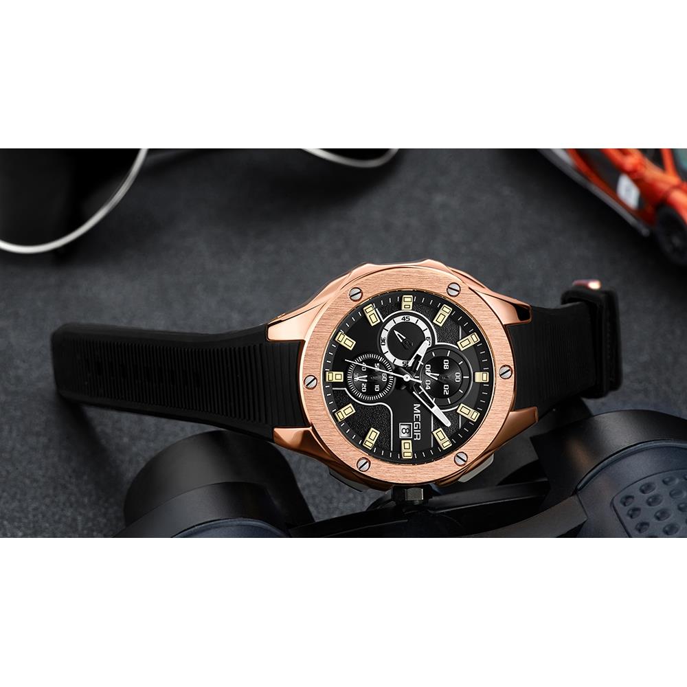 ML2053G MEGIR Men's Sports Wrist Watch Stopwatch Analog Calendar Quartz Movement Silicone Strap - Rose Gold