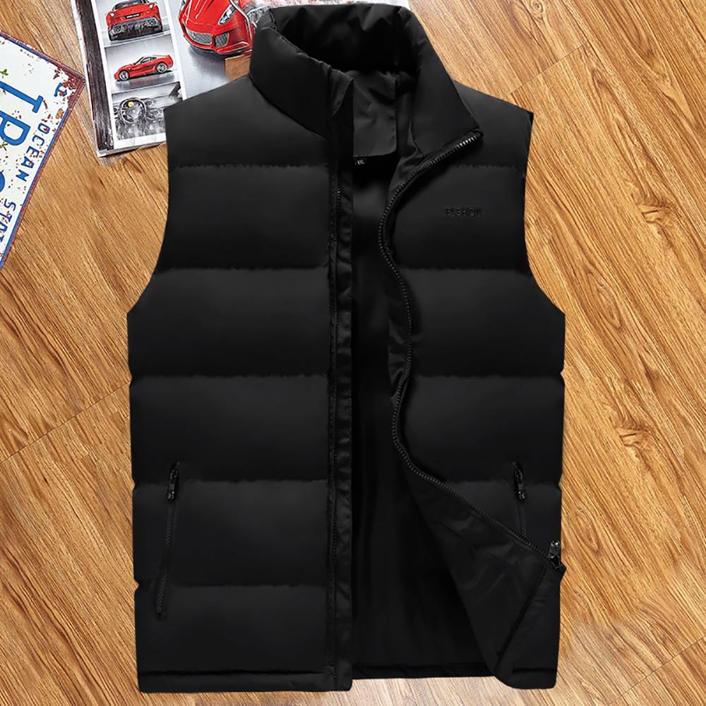 LH1801 Men's Winter Thick Stand Collar Cotton Waistcoat (Solid Color Vest Sleeveless Jacket Size L) - Black