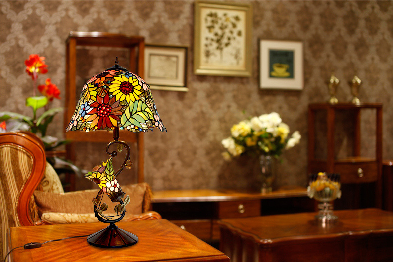 FUMAT 16 Inches Tiffany Style Stained Glass Handcrafted Table Lamp - Romantic Sunflower Butterfly Design