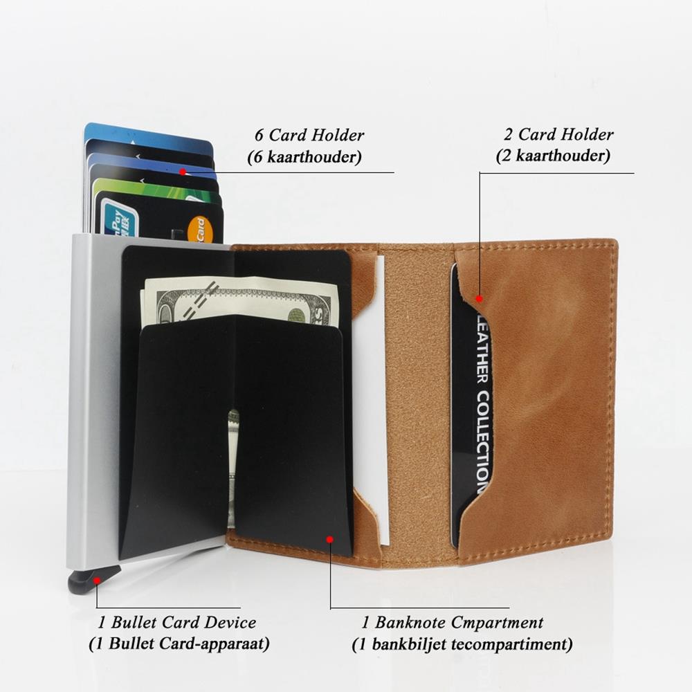 Men's Genuine Leather Push Card Wallet - Coffee