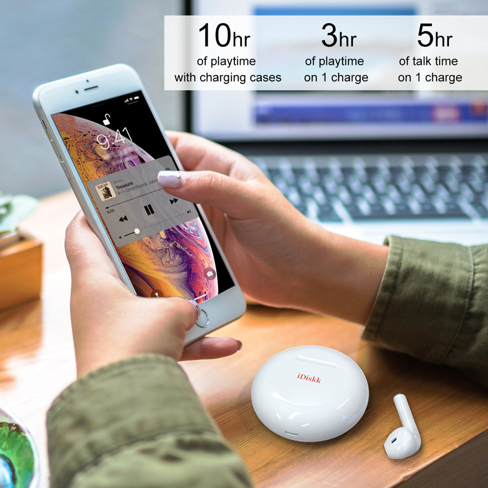 IDiskk i51 TWS Wireless Bluetooth 5.0 Earphones Binaural Earbuds Support ios Android Phone - White