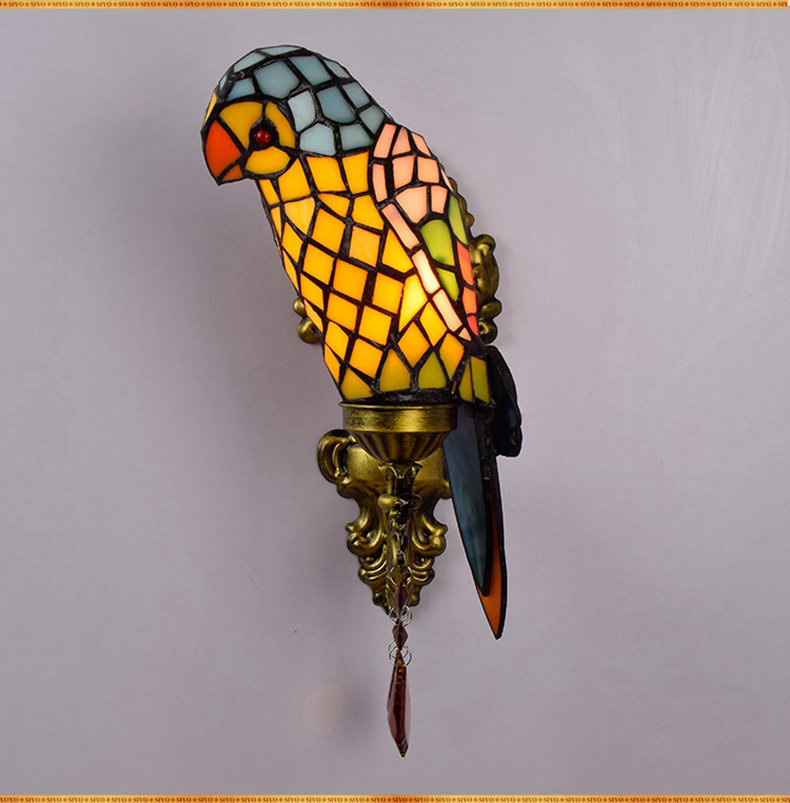 FUMAT Tiffany Style Stained Glass Handcrafted Wall Lamp - Creative Red Parrot Design
