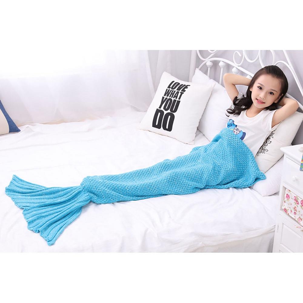 Children Mermaid Tail Blanket Fish Scales Knitting Soft Comfortable Blankets - Blue (Size 70*140cm)