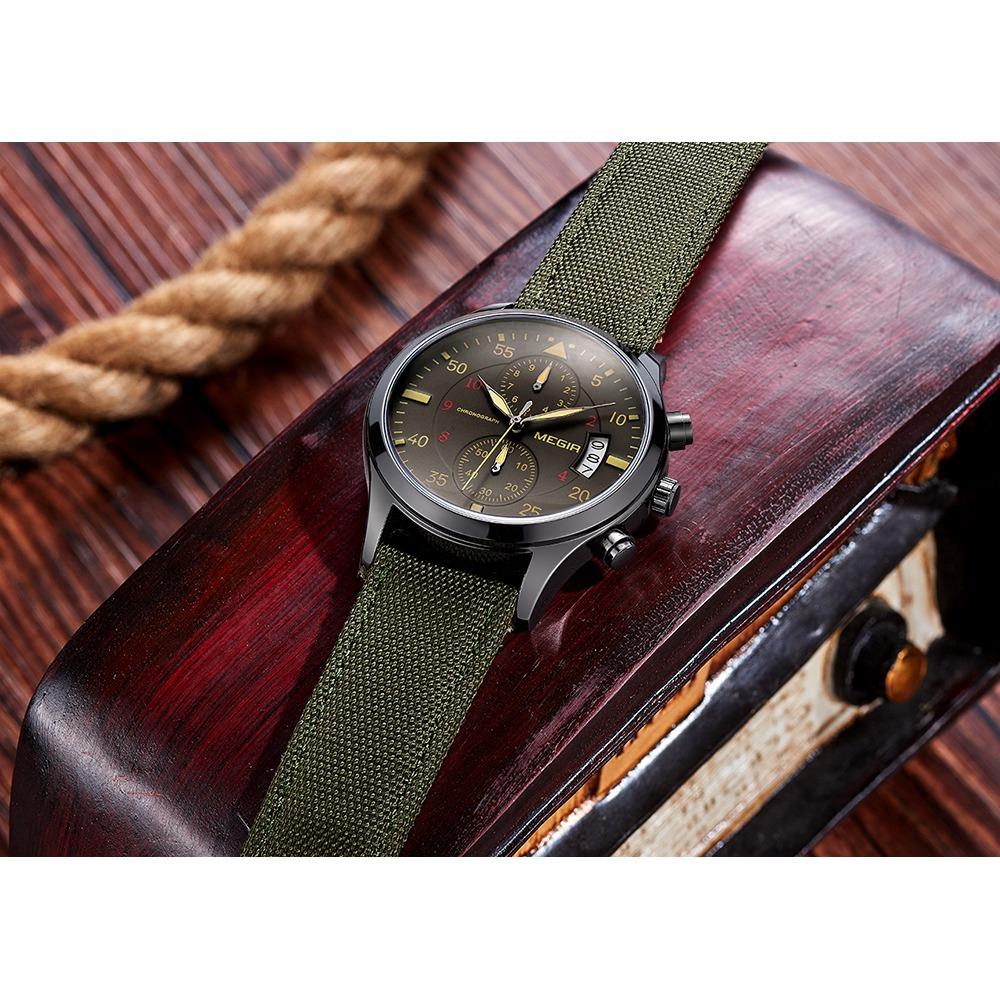 MEGIR ML2021 Men's Casual Watch Chronograph Calendar Large Dial Quartz Movement Canvas Fabric Strap - Green