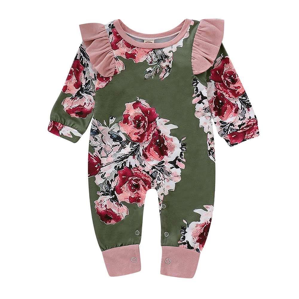 HZ6004 Kids Girls Casual Flounce Long-sleeve Lycra Cotton Jumpsuits Size 70 - Green