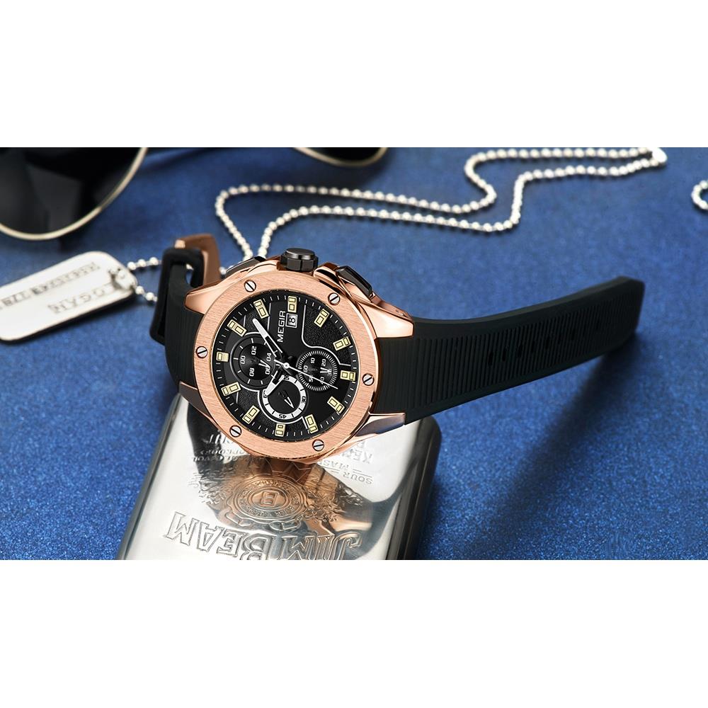 ML2053G MEGIR Men's Sports Wrist Watch Stopwatch Analog Calendar Quartz Movement Silicone Strap - Rose Gold
