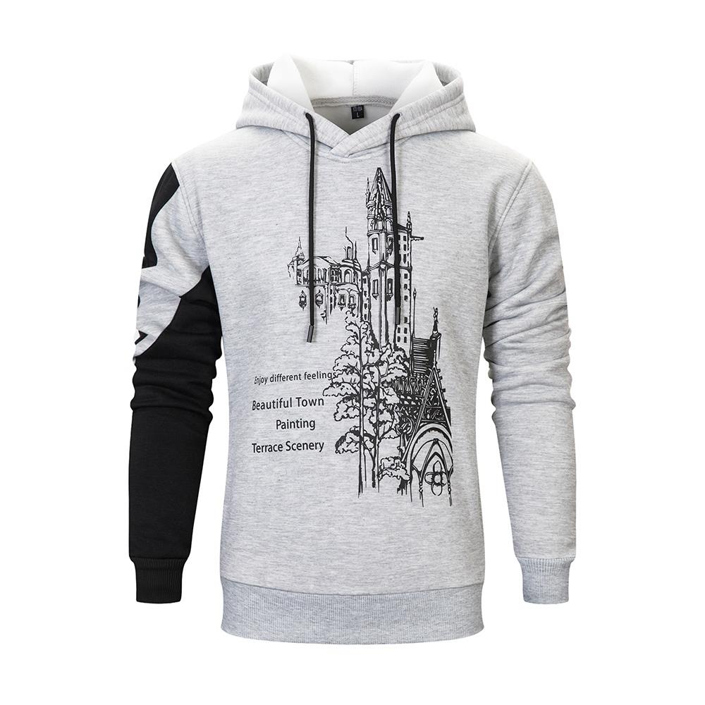 WY37 Men's Autumn Winter Casual Irregular Hoodie (Color Block Letter Pattern Cotton Sweatshirt Size M) - Gray