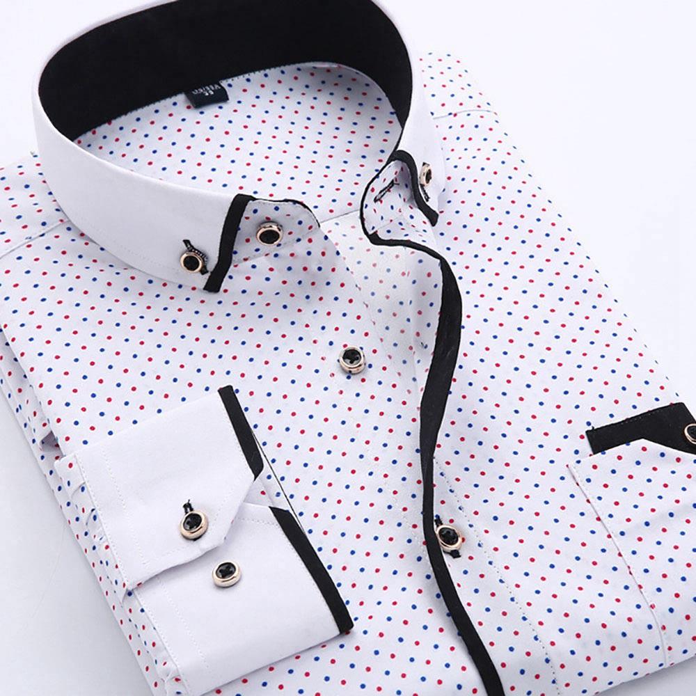 Men's Autumn Business Wave Point Printed Stand Collar Shirt (Slim Fit Cotton Size M) - White
