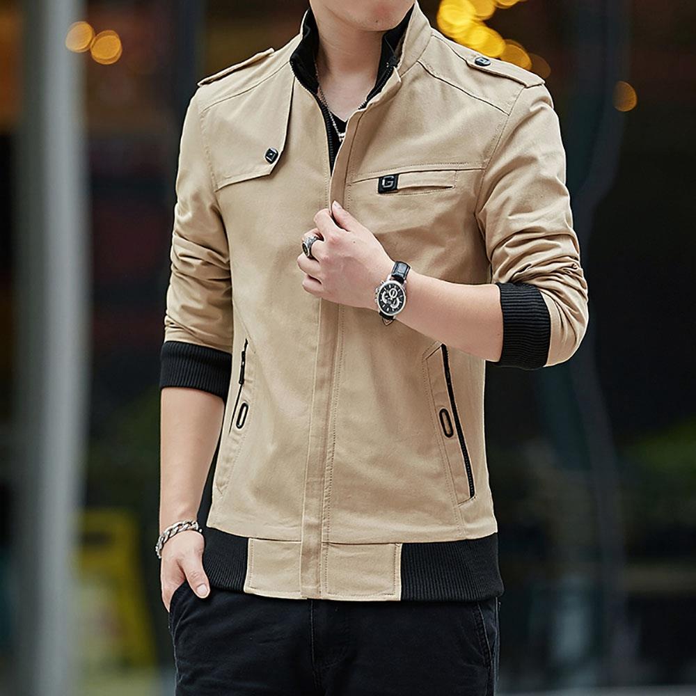 CA9801 Men's Autumn Winter Classic Casual Jacket (Lapel Grid Long Sleeve Polyester Jacket Size M) - Khaki