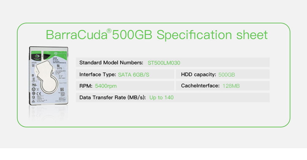 Seagate ST500LM030 500GB Notebook Internal Hard Disk Drive 2.5 Inch 7mm 5400RPM SATA 6Gb/s Interface 128MB Cache Memory - Silver