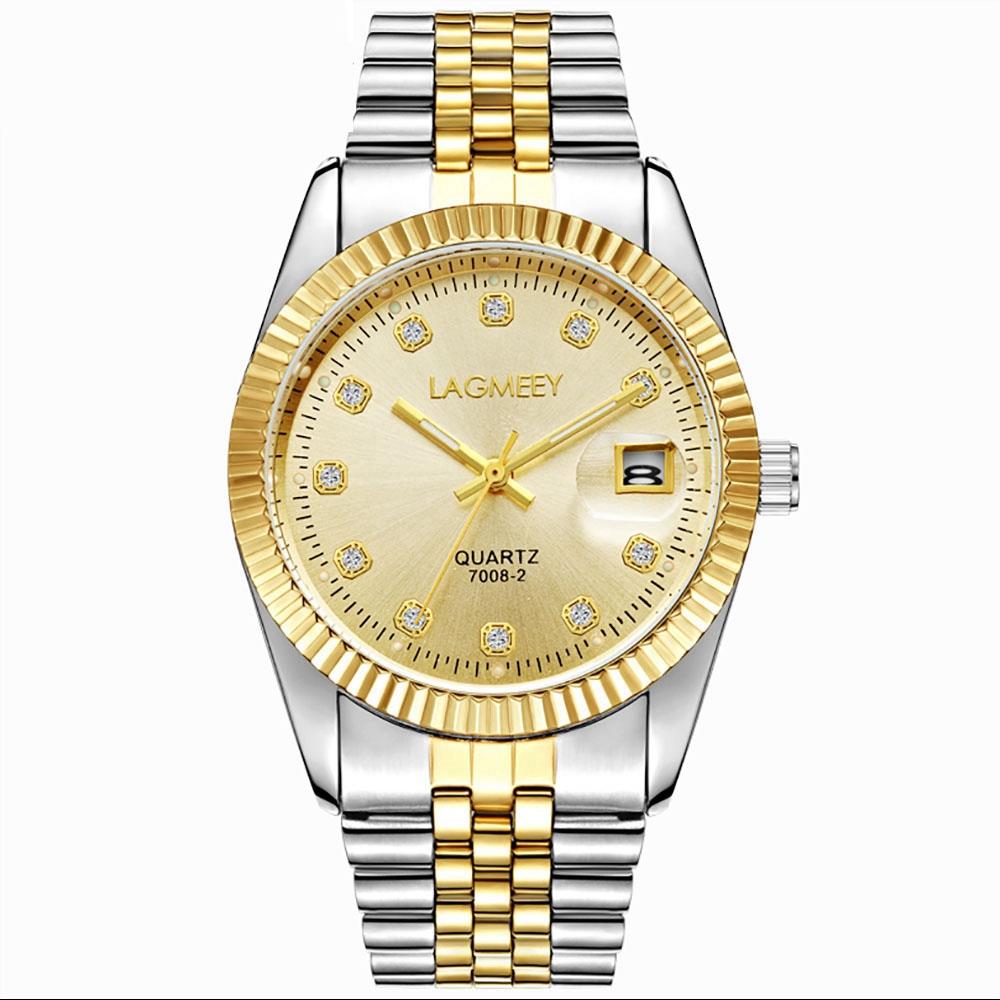 W7008 LAGMEEY Men's Business Wrist Watch Large Dial Calendar Quartz Movement Stainless Steel - White Strap + Gold Dial