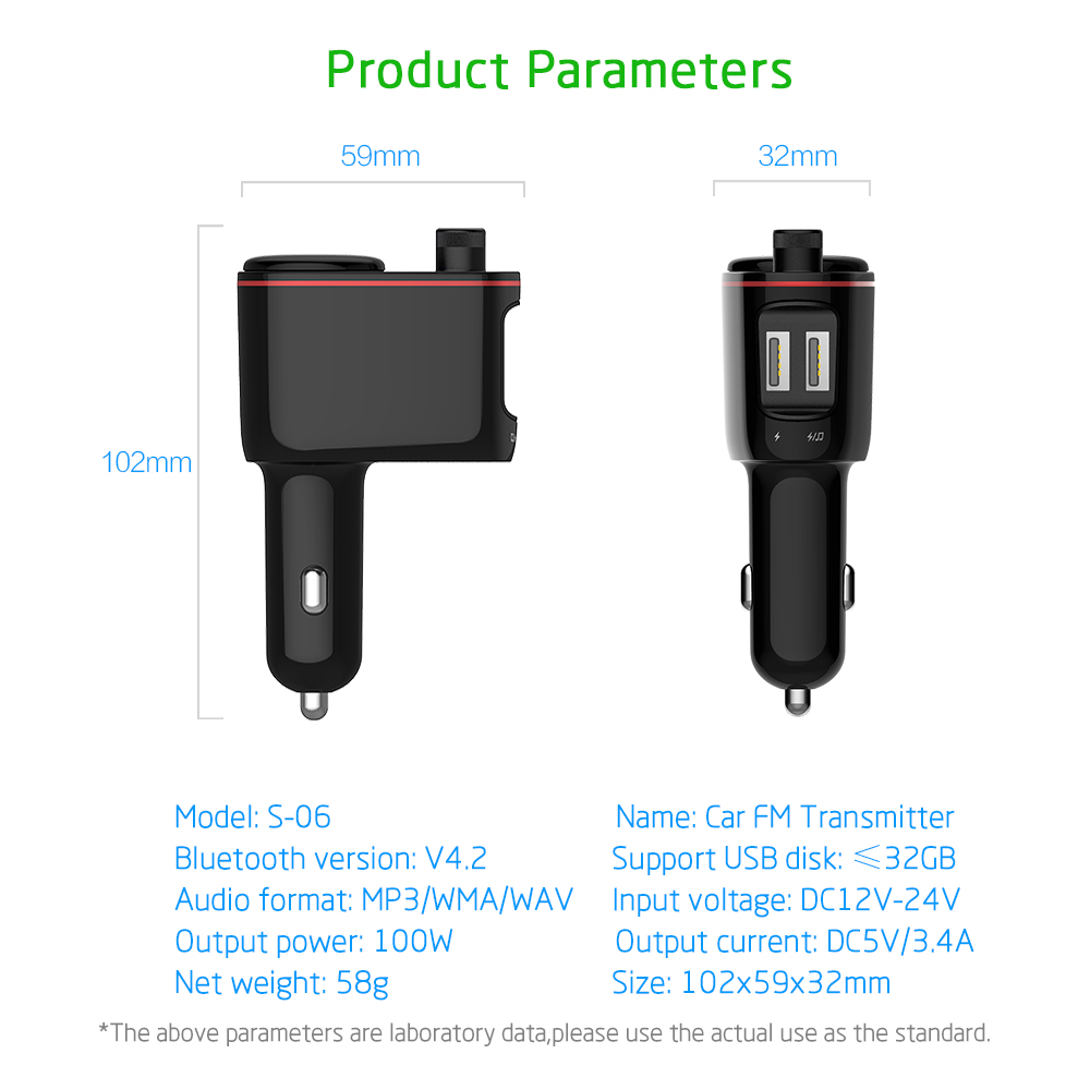 S-06 Car Charger Dual USB 3.0 Ports Bluetooth MP3 Music Player FM Transmitter Cigarette Lighter - Black
