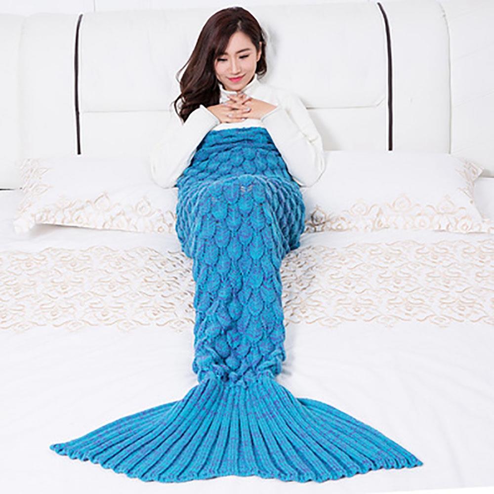 Creative Mermaid Tail Blanket Fish Scales Knitting Soft Comfortable Sleeping Blankets - Lake Blue (Size 145CM*70 CM)