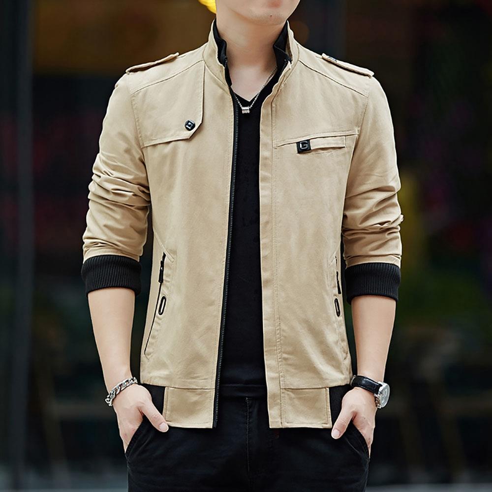 CA9801 Men's Autumn Winter Classic Casual Jacket (Lapel Grid Long Sleeve Polyester Jacket Size M) - Khaki