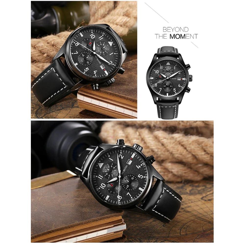 OCHSTIN GQ043B Men's Outdoor Quartz Watch Working Sub-dial Analog Display 3ATM Waterproof PU Strap - Black