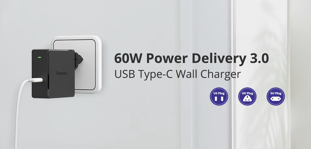 Tronsmart WCP02 60W USB C Wall Charger with Power Delivery 3.0 for MacBook Air/iPad Pro 2018, iPhone XS/Max/XR - EU