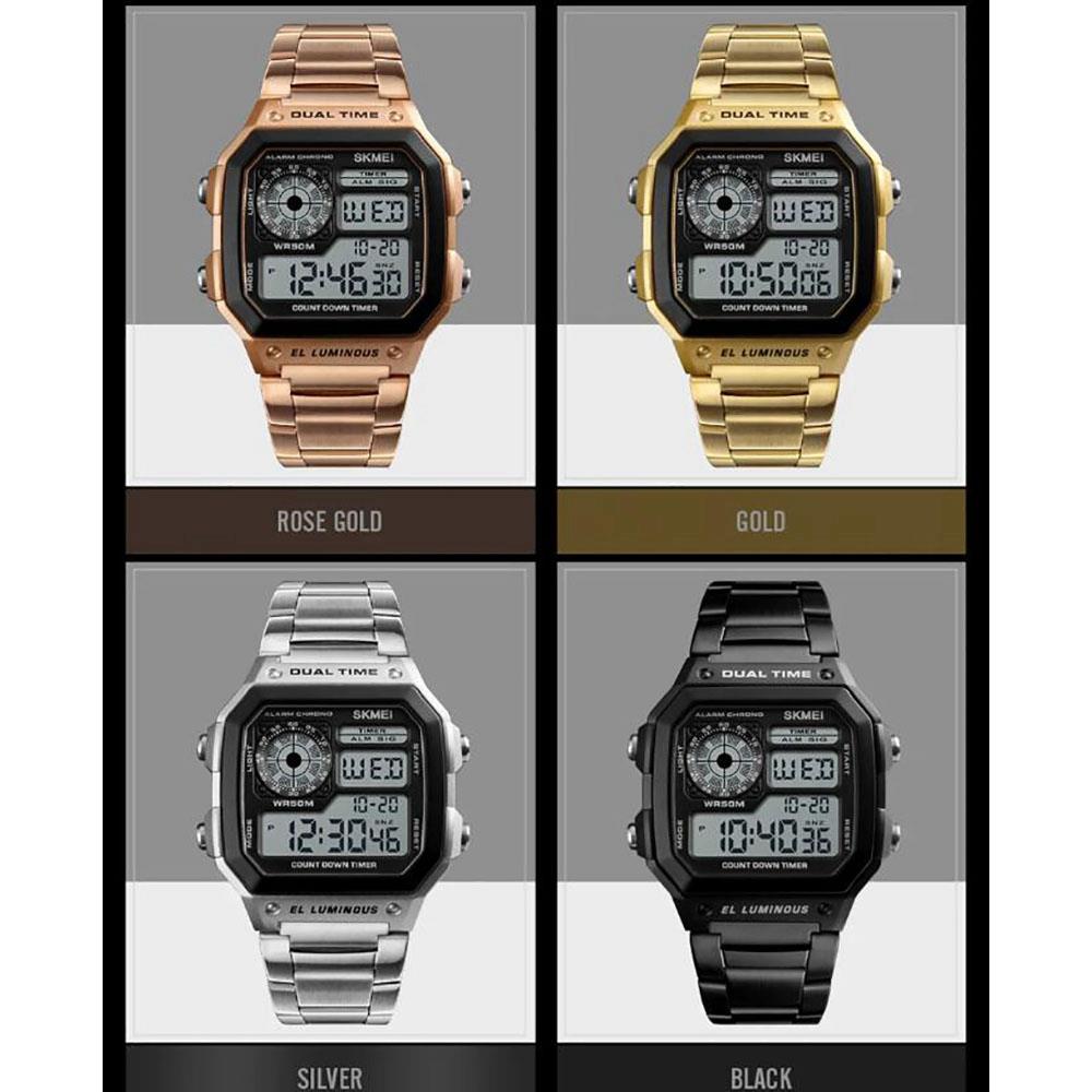 SKMEI 1335 Men's Digital Sports Watch Square Dial Stainless Steel Strap Waterproof Wristwatches - Golden