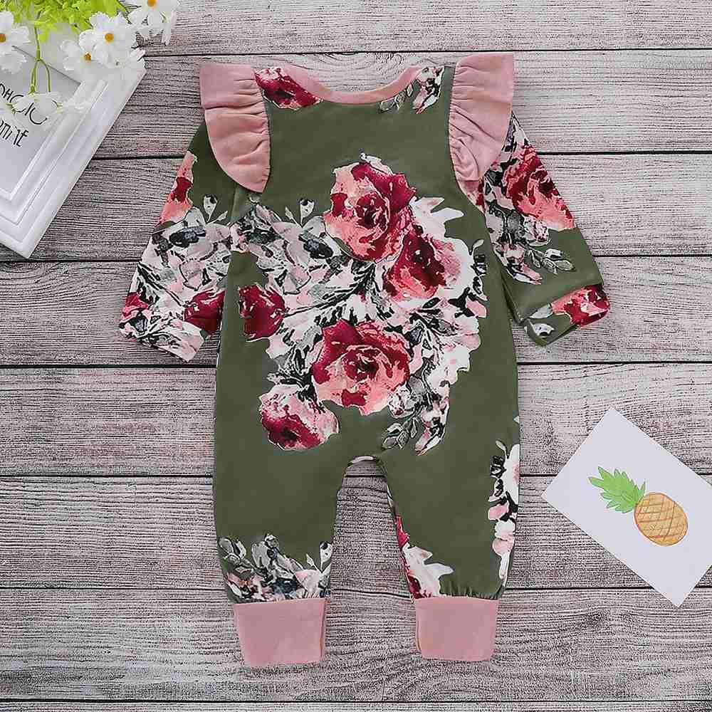 HZ6004 Kids Girls Casual Flounce Long-sleeve Lycra Cotton Jumpsuits Size 70 - Green