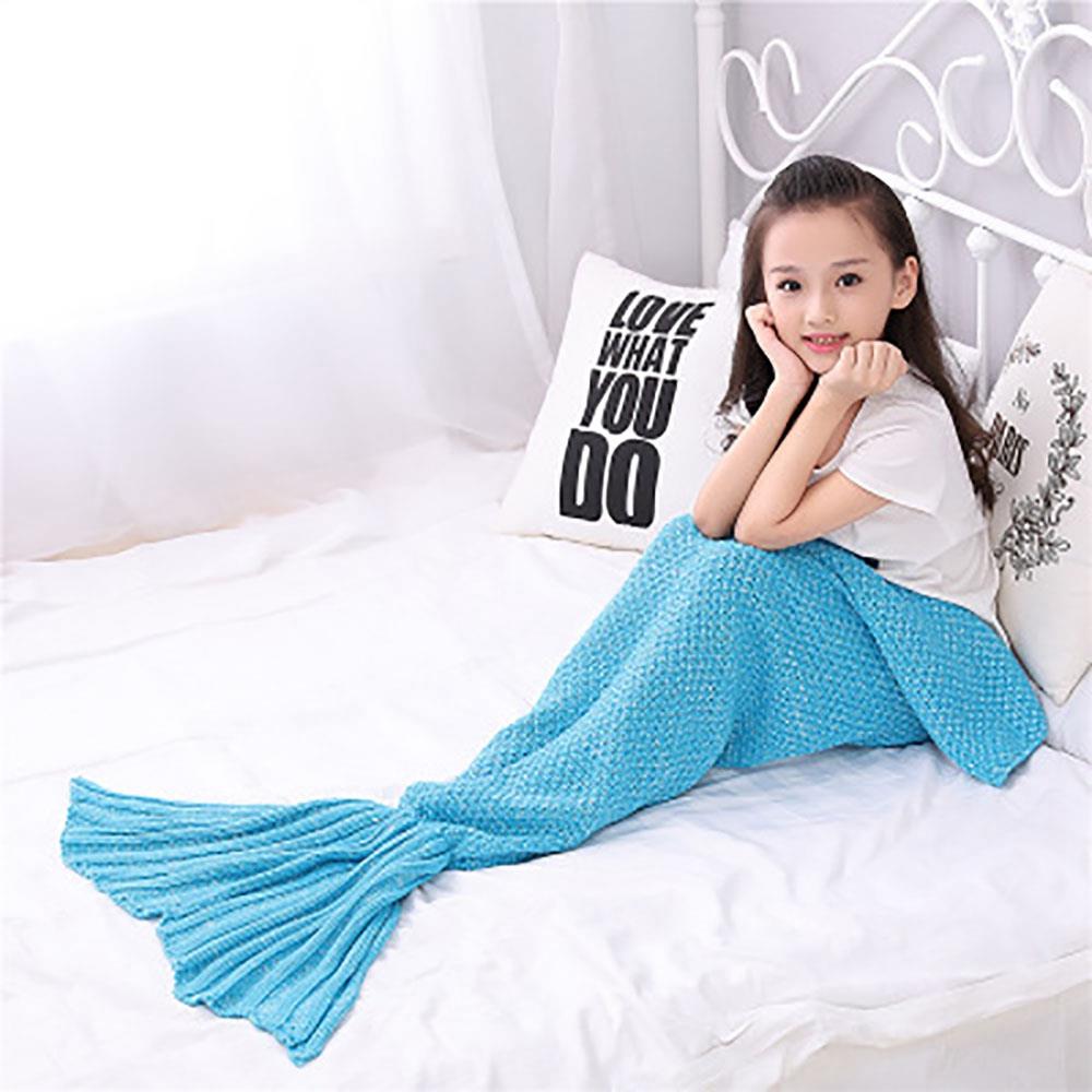 Children Mermaid Tail Blanket Fish Scales Knitting Soft Comfortable Blankets - Blue (Size 70*140cm)