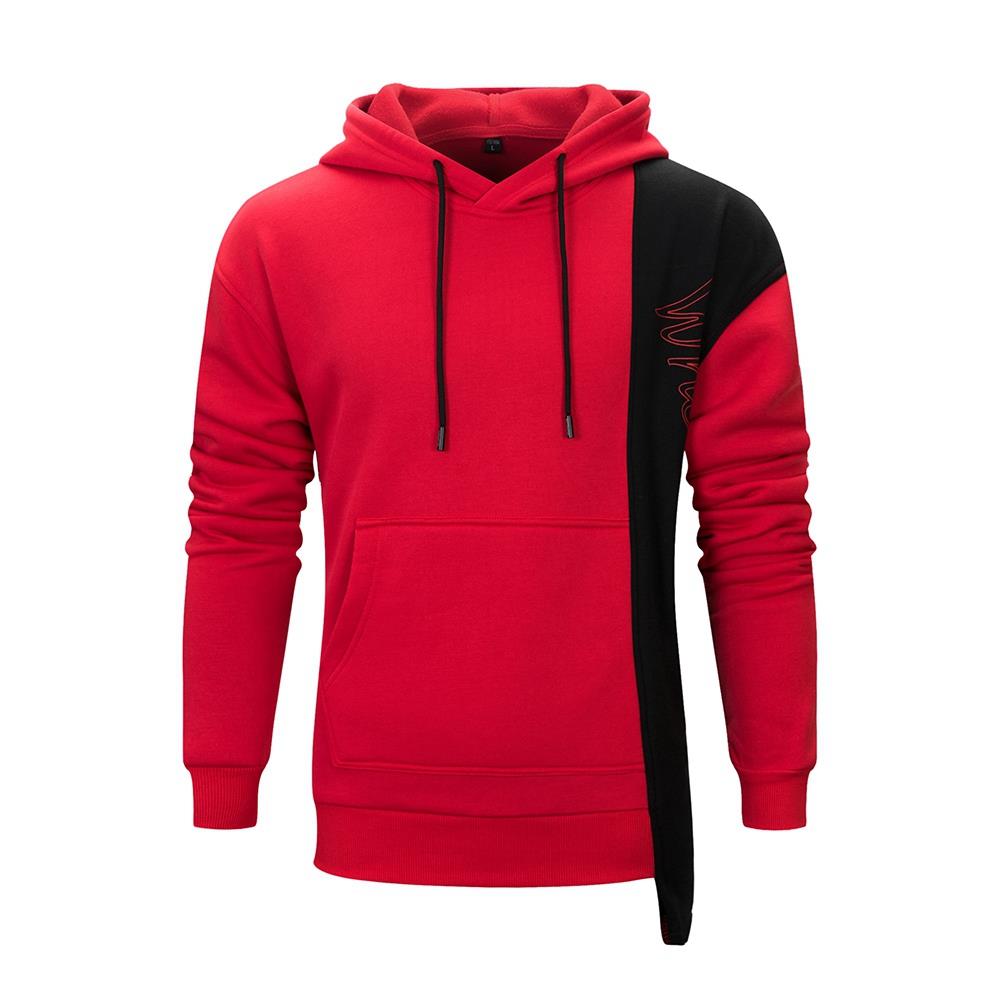 WY30 Men's Autumn Casual Irregular Loose Hoodie (Color Block Cotton Sweatshirt Size M) - Red