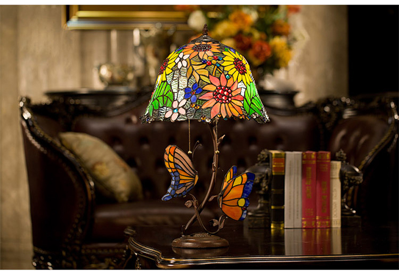 FUMAT 16 Inches Tiffany Style Stained Glass Handcrafted Table Lamp - Romantic Sunflower Butterfly Design