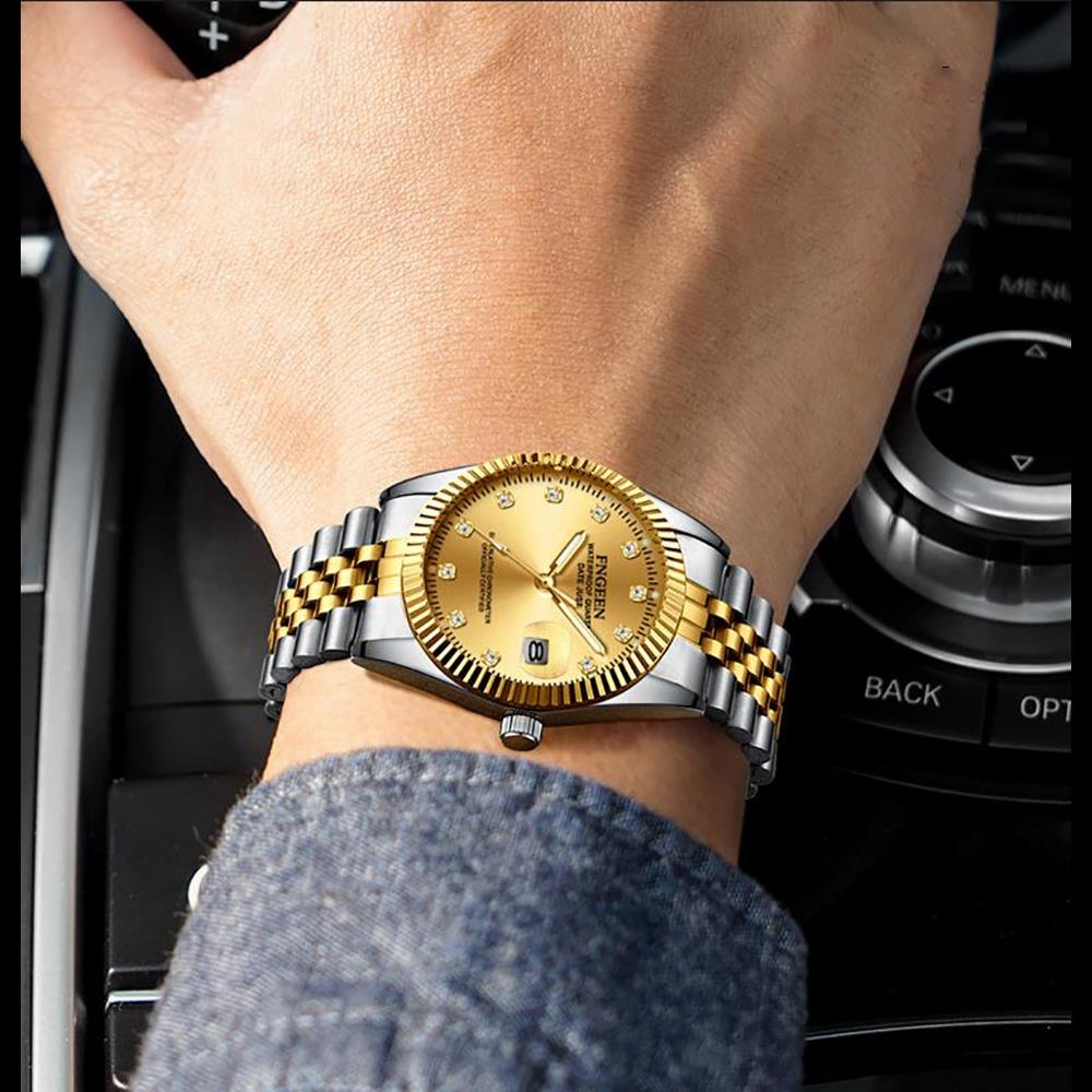 W7008 LAGMEEY Men's Business Wrist Watch Large Dial Calendar Quartz Movement Stainless Steel - White Strap + Gold Dial