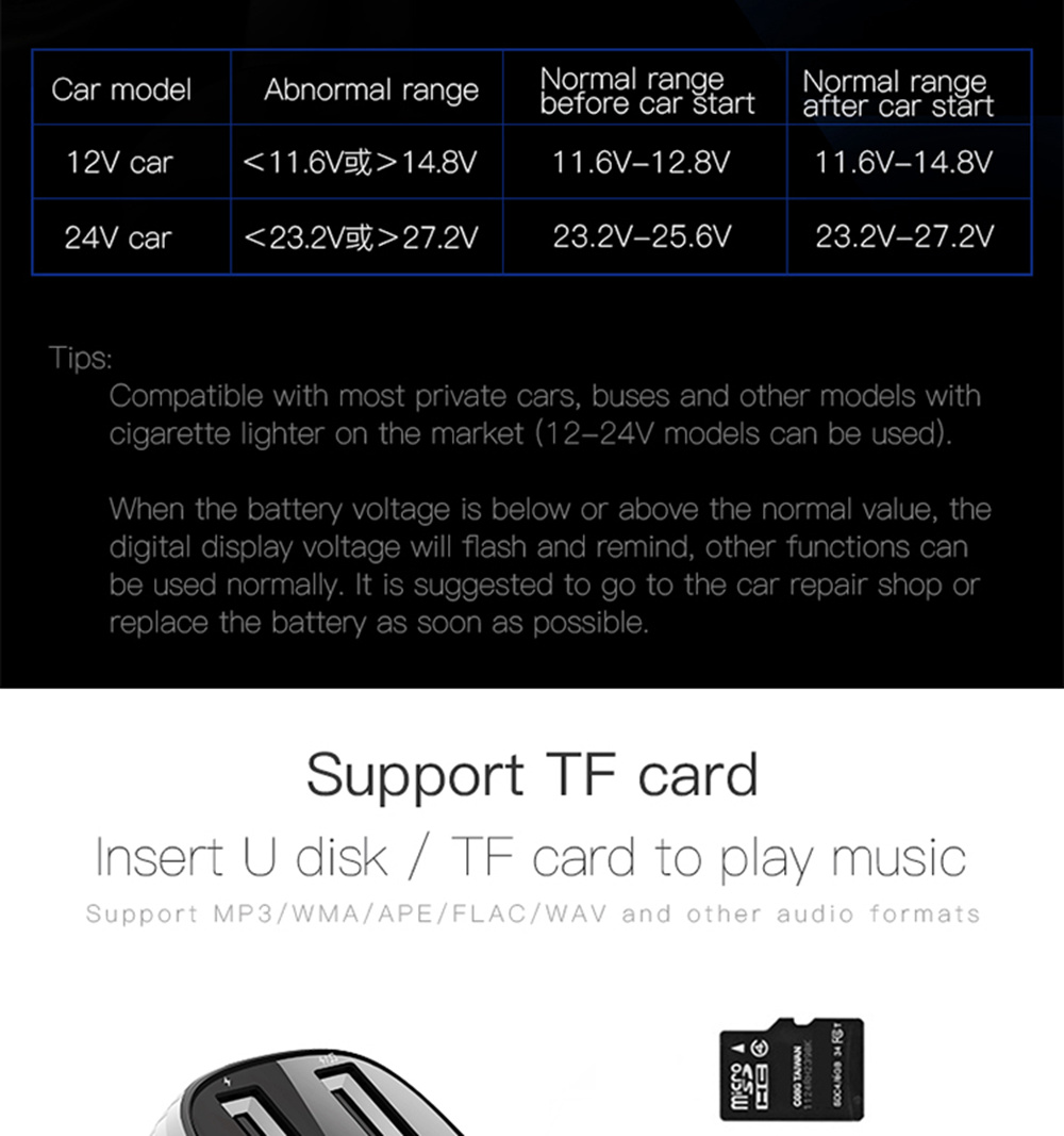 S-10 Car Charger Dual USB Ports FM Transmitter Radio Bluetooth MP3 Player Blue LED Display - Black