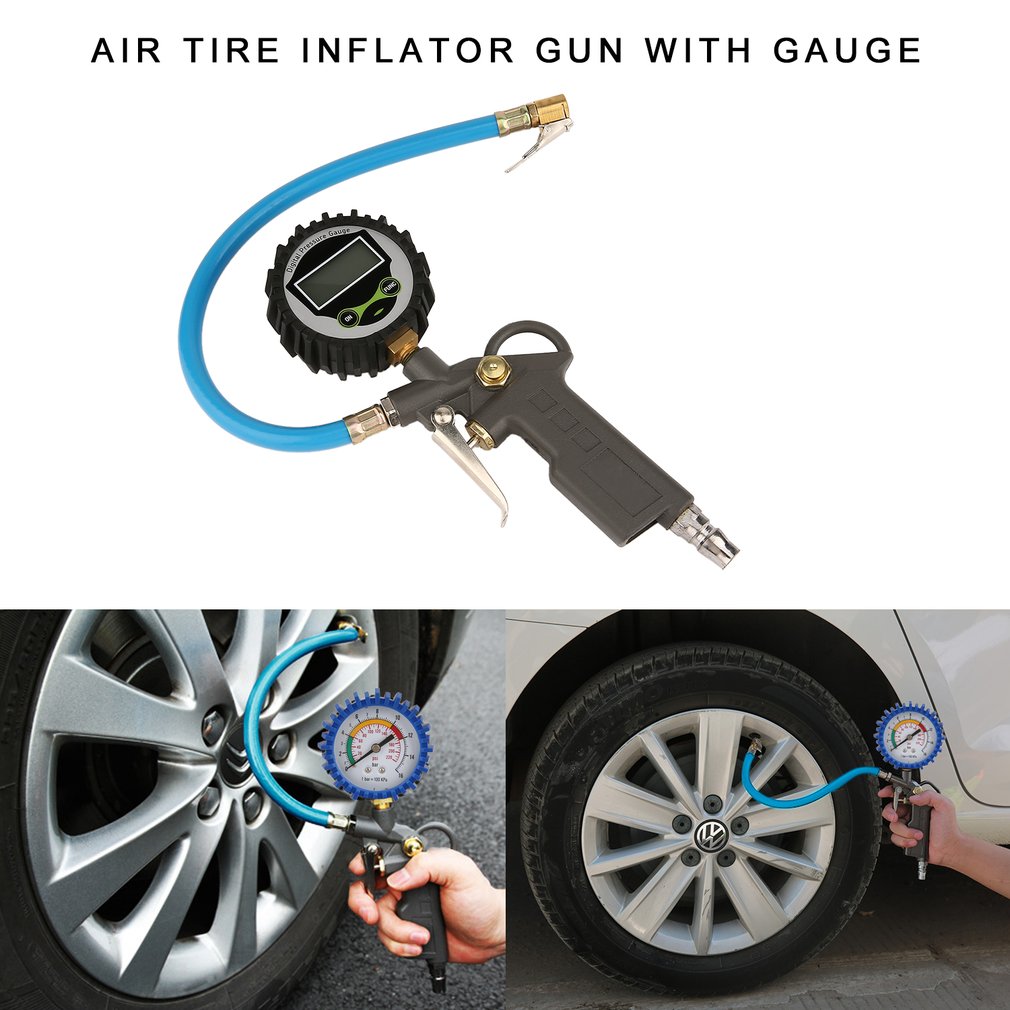 Air Tire Inflator Gun Digital Tire Pressure Gauge With Hose Connector Plug - Black + Blue