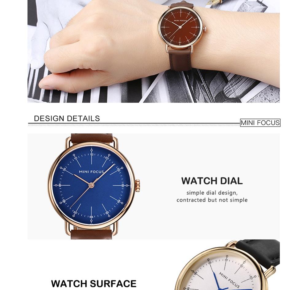MINI FOCUS MF0056G Men's Casual Business Quartz Sports Watch PU Leather Strap Wristwatch - Blue + Brown