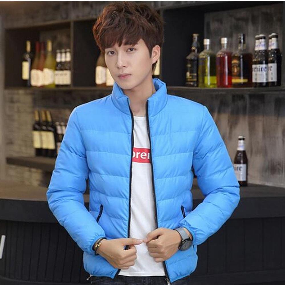 Men's Autumn And Winter Basic Casual Thick Cotton Down Jacket (Stand Collar Warm Coat Size L) - Light Blue