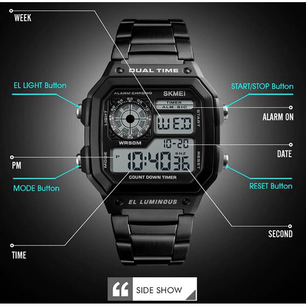 SKMEI 1335 Men's Digital Sports Watch Square Dial Stainless Steel Strap Waterproof Wristwatches - Golden