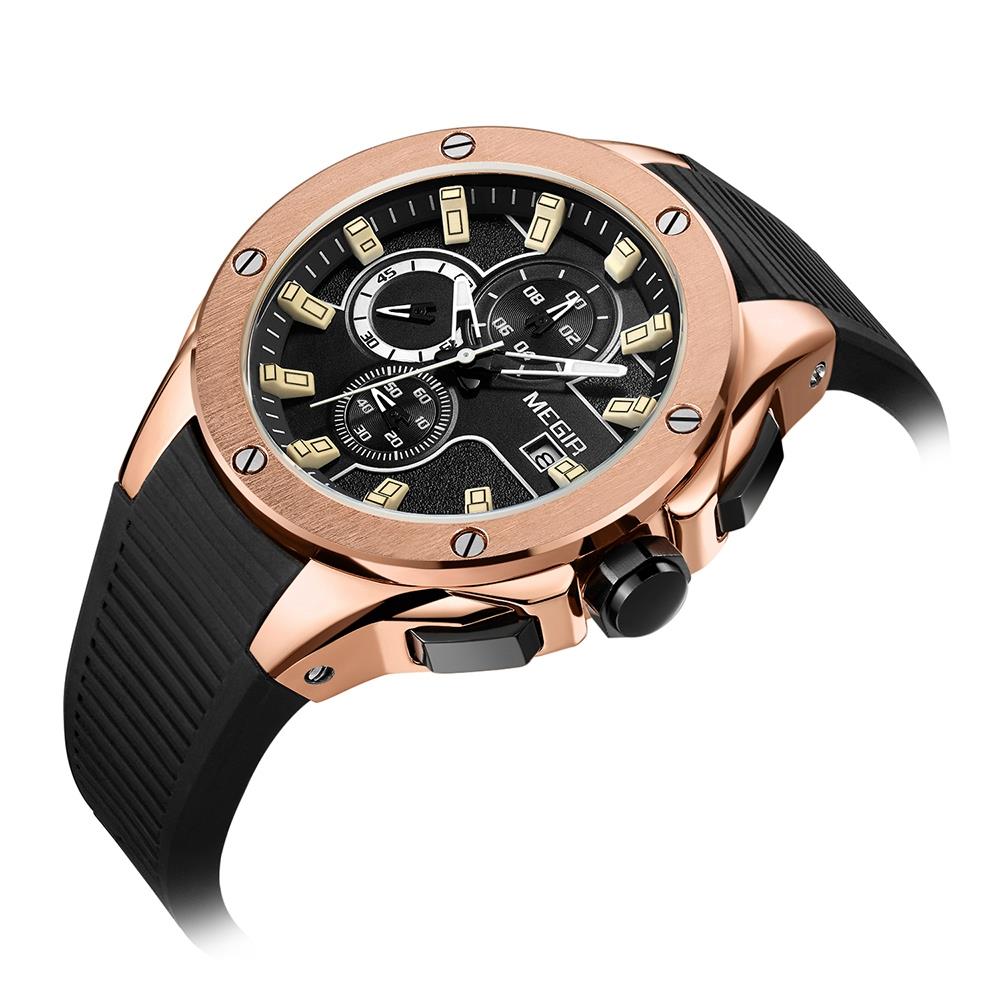 ML2053G MEGIR Men's Sports Wrist Watch Stopwatch Analog Calendar Quartz Movement Silicone Strap - Rose Gold