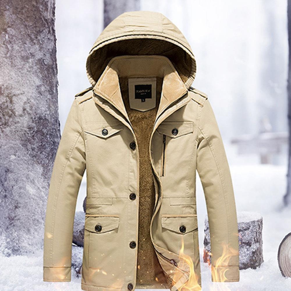 CAH8808 Men's Autumn And Winter Leisure Long Cotton Jacket (Thick Trench Coat Size L) - Light Khaki