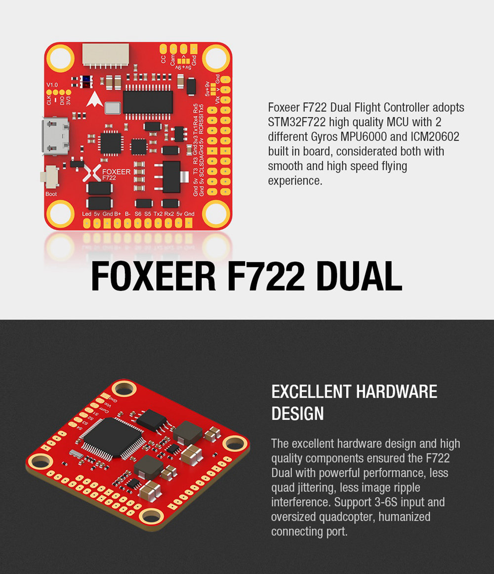 Foxeer F722 Dual Gyro MPU6000 and ICM20602 Flight Controller Integrated OSD for FPV Racing Drone