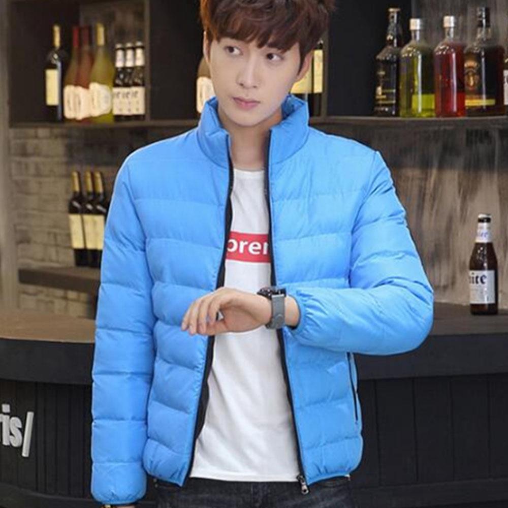 Men's Autumn And Winter Basic Casual Thick Cotton Down Jacket (Stand Collar Warm Coat Size L) - Light Blue