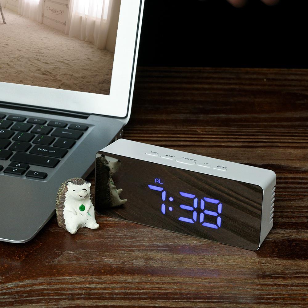 Rectangular LED Mirror Clock Alarm Clock With Snooze Function Indoor Thermometer - Blue