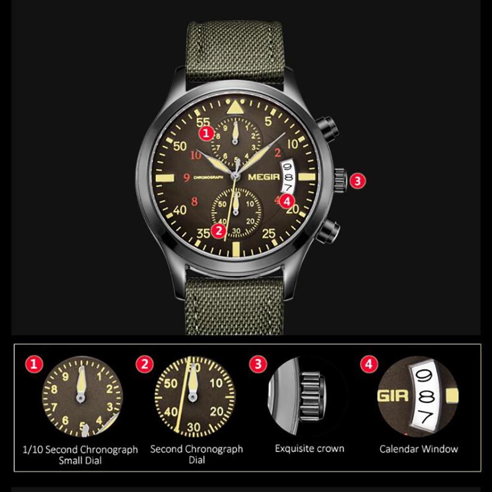 MEGIR ML2021 Men's Casual Watch Chronograph Calendar Large Dial Quartz Movement Canvas Fabric Strap - Green