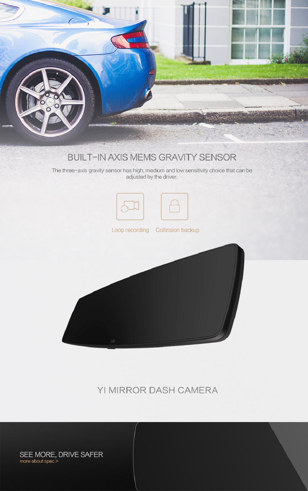 YI Mirror Dash Cam Dual Dashboard Camera Recorder 4.3 Inch LCD Touch Screen Front And Rear View 138 Degree Wide Angle HD Camera G Sensor Night Vision - Black