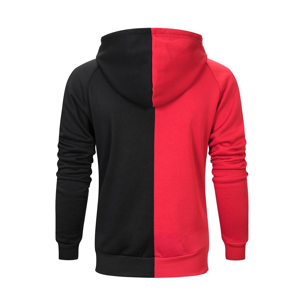 WY36 Men's Casual Color Block Zipper Design Cotton Hoodie Size 2XL - Red and Black