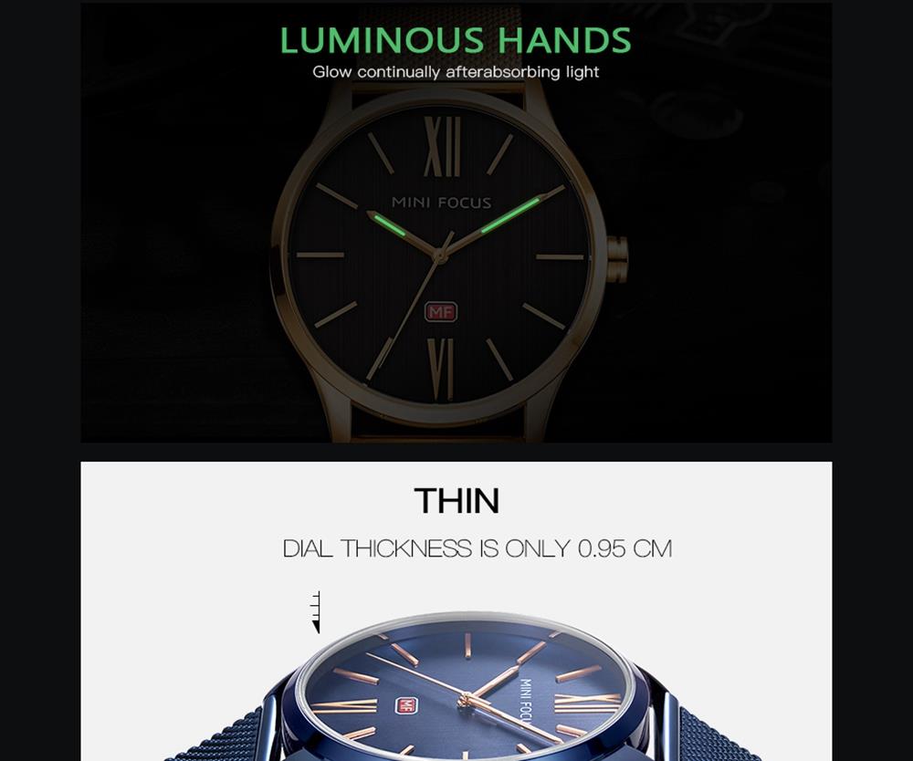 MINI FOCUS MF0018G Men's Casual Business Thin Quartz Watch Stainless Steel Strap Wristwatch - Gold