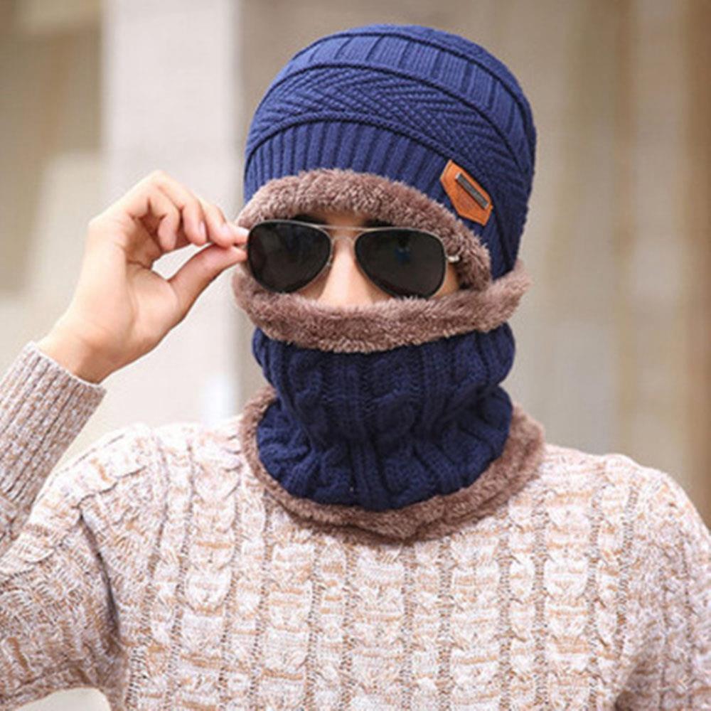 MZD0162 Men Winter Fleece Thickened Knitting Two-piece Set Hat + Cycling Windproof Scarf - Navy Blue