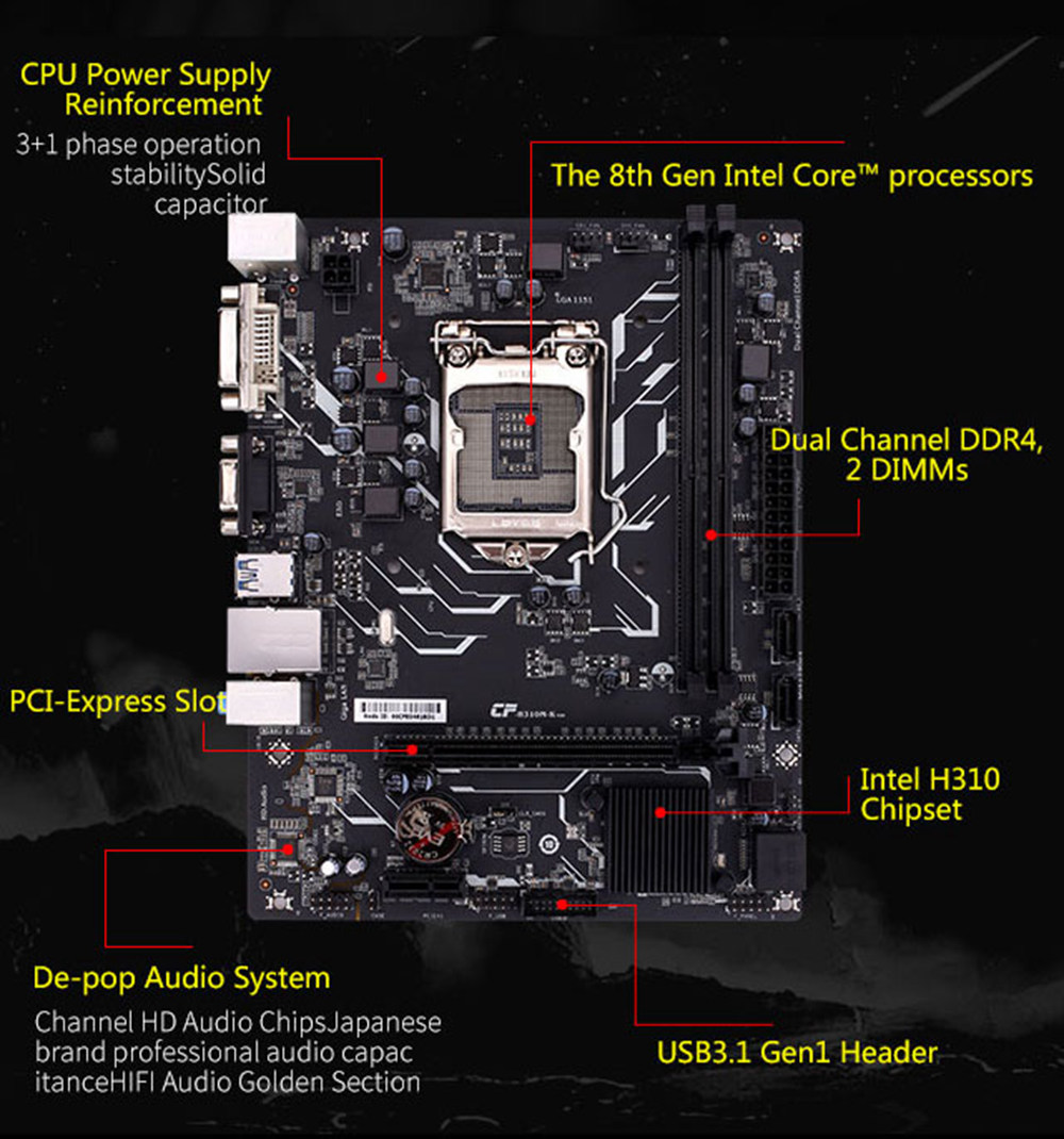 Colorful C.H310M-K PRO V20 Motherboard Intel LGA 1151 mATX DDR4 SATA3 PCI-E3.0 USB3.0 VGA+DVI - Black