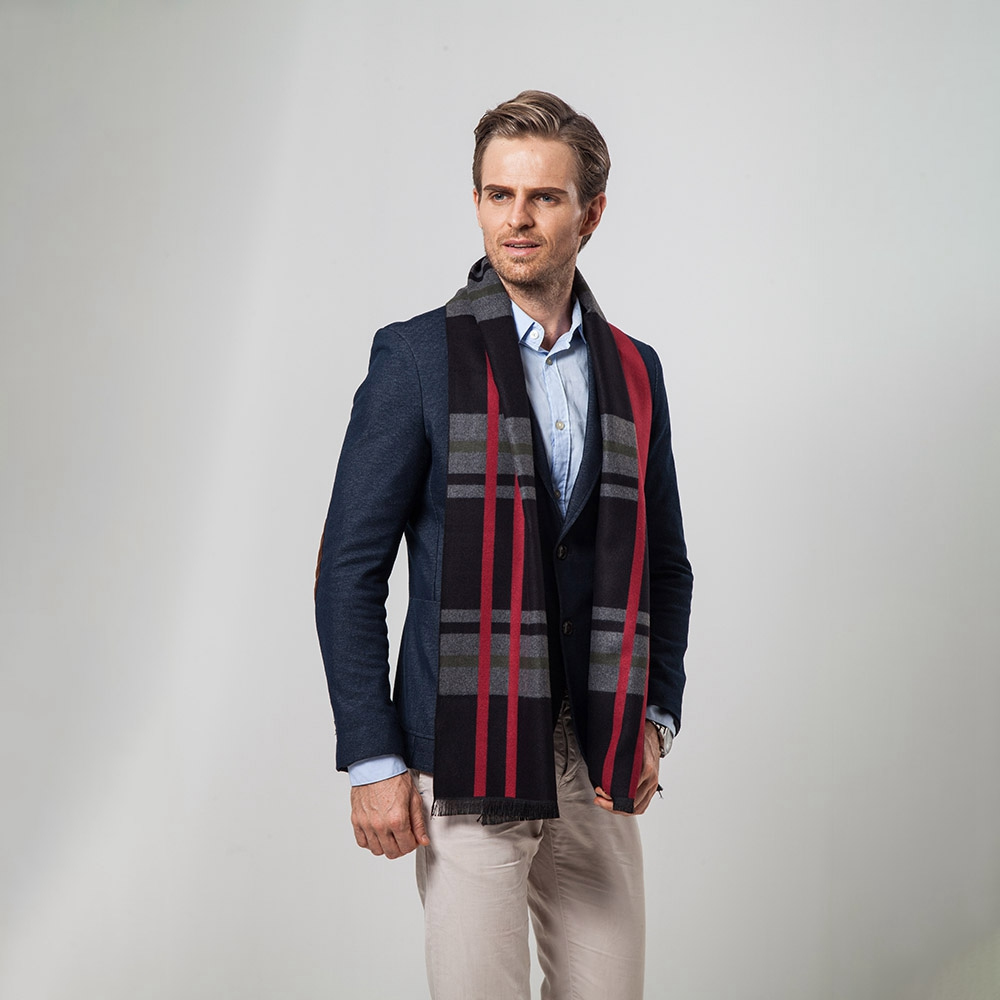 S04 Men Classic Business Imitation Cashmere Striped Plaid Warm Scarf 30x180CM - Red + Black