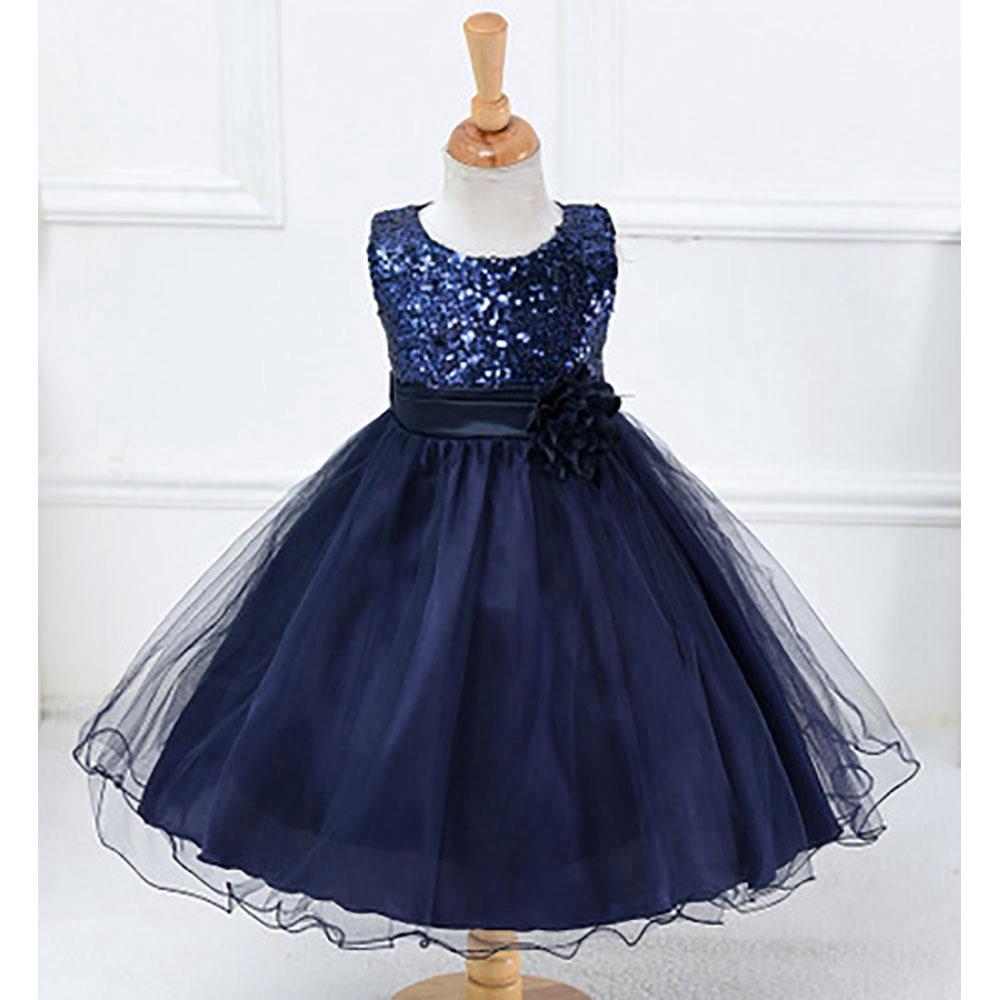 L067 Baby Girls Sleeveless Flower Dress Princess Wedding Party Children Clothing Size 100 - Navy Blue