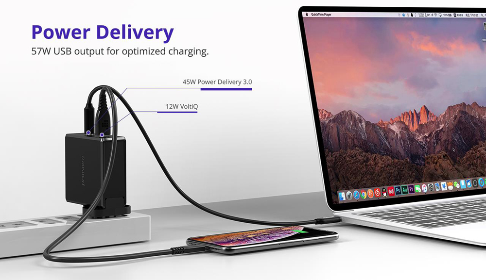 Tronsmart WCP03 57W USB-C Wall Charger with 45W Power Delivery 3.0 12W VoltiQ Foldable Plug for MacBook iPhone - UK Plug
