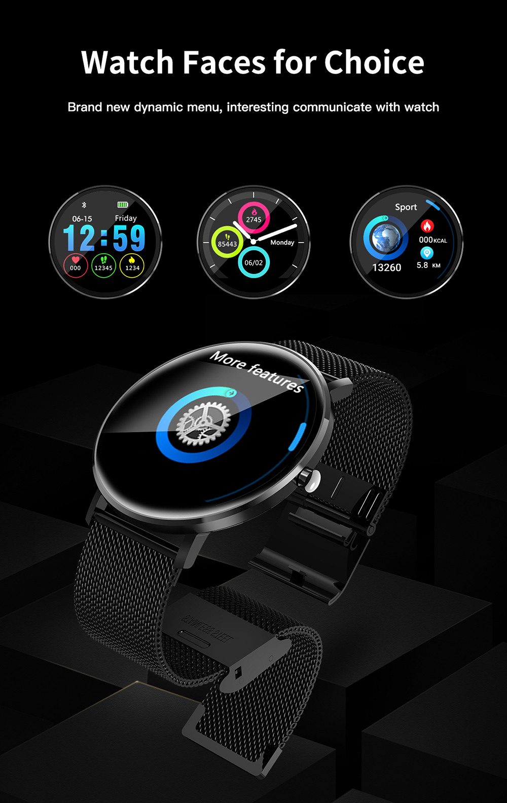 Makibes L6 Smart Watch 1.22 Inch Touch Screen Heart Rate Sleep Monitor IP68 Waterproof Multi-sports Modes Metal Band - Black