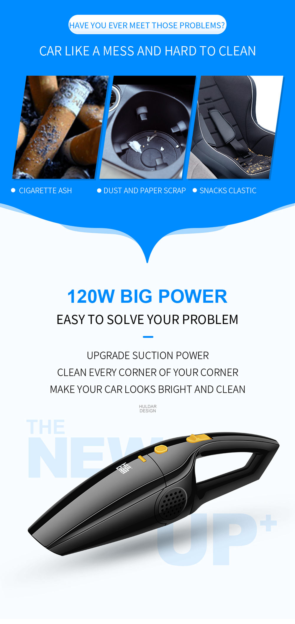 HULDRA HL-CY001 Portable Wired Handheld Car Vacuum Cleaner 120W Power - Black